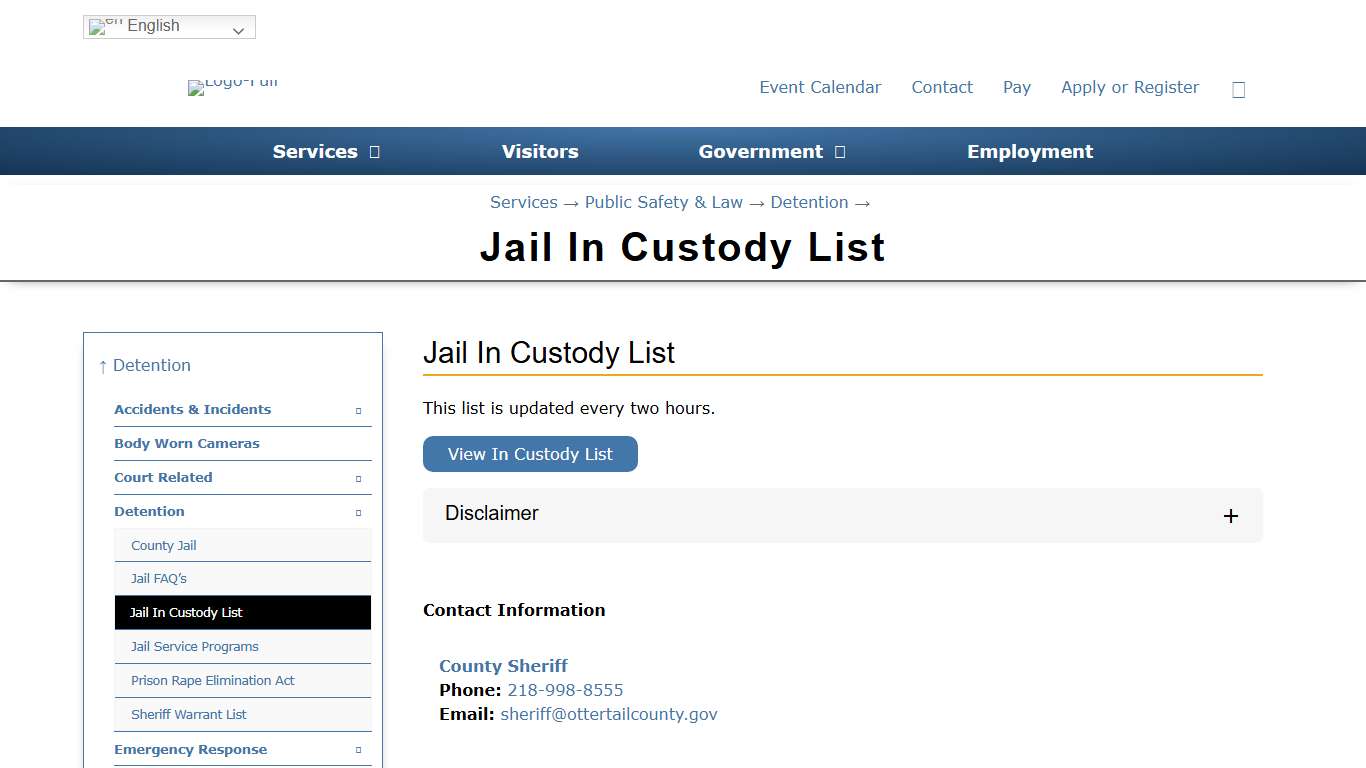 Jail In Custody List - Otter Tail County, MN