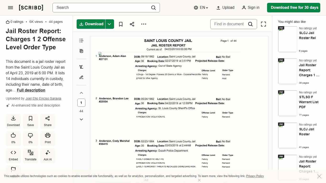 Jail Roster Report: Charges 1 2 Offense Level Order Type PDF Misdemeanor Felony