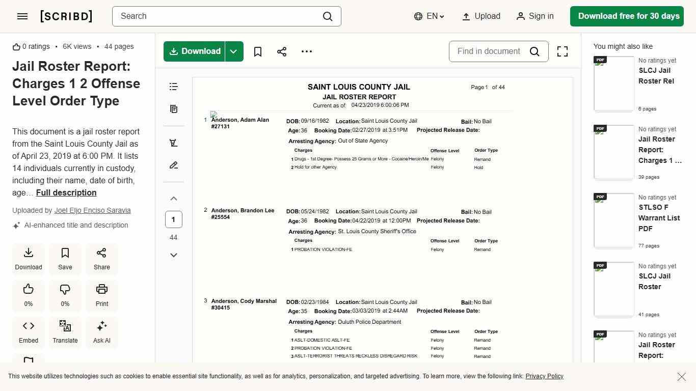 Jail Roster Report: Charges 1 2 Offense Level Order Type PDF Misdemeanor Felony